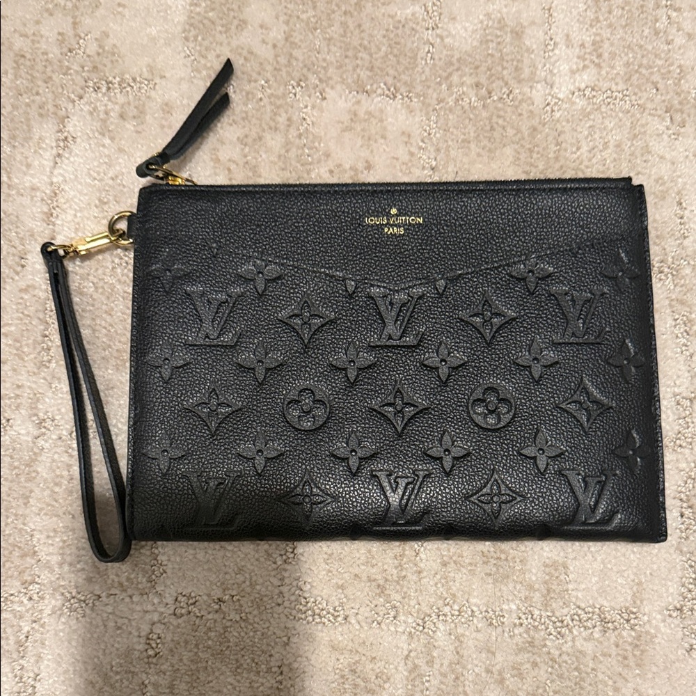 Louis Vuitton Black Embossed Monogram Wristlet Pouch with Gold Hardware